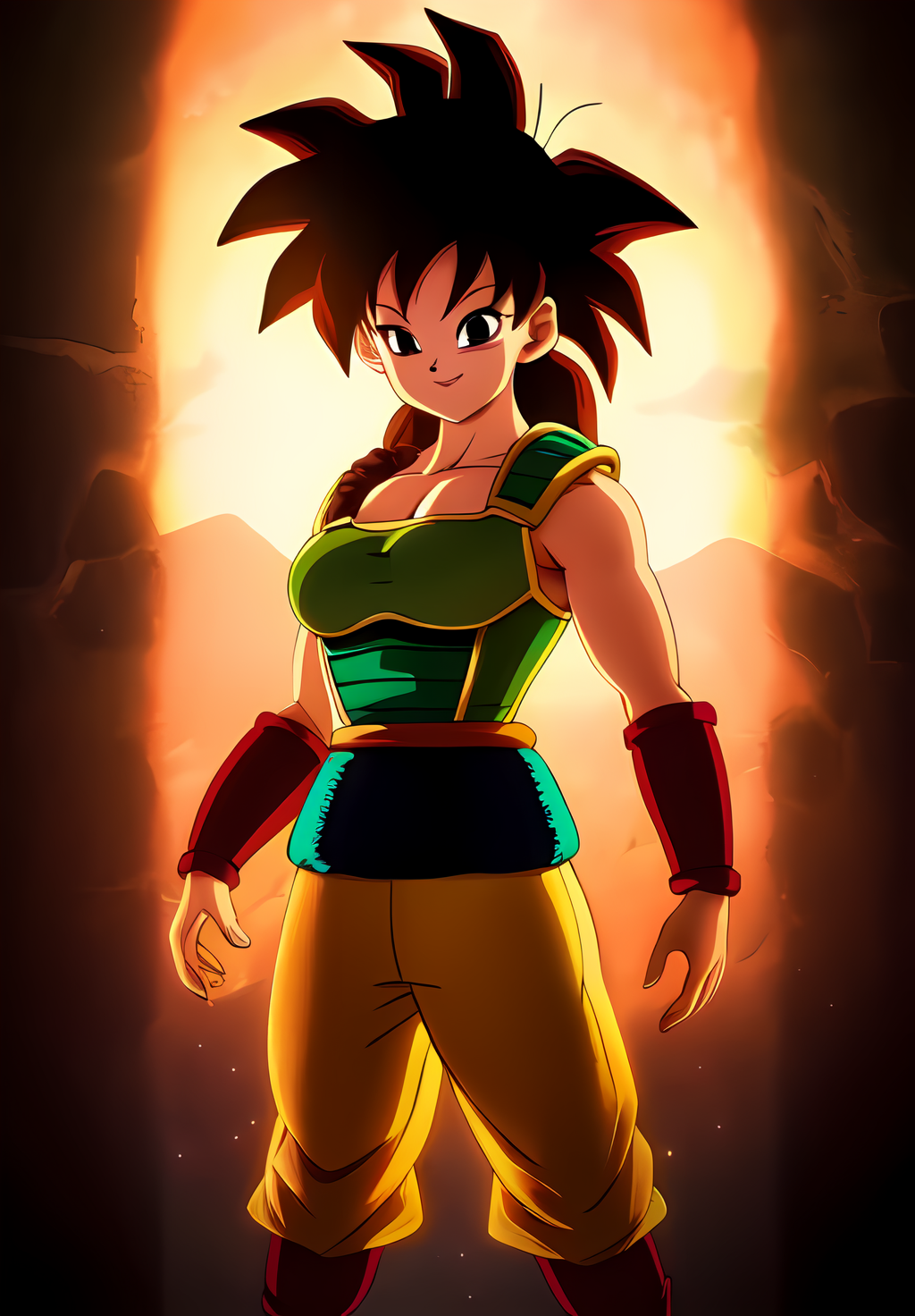 (Photo:1.3), highdetail, <lora:Gine:0.8>, Gine, 1girl, solo, saiyan armor, smile, ((portrait,)), (acclaimed, alluring, captivating, exciting, gorgeous, striking:1.3), (trending on artstation:1.3)