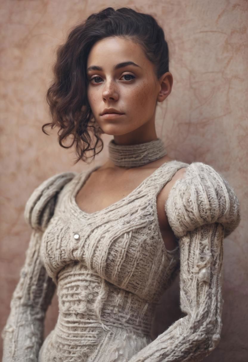 Terracotta Girl in knitted wedding dress, DARK Hairbun, Freckles, dystopian Sci-fi, as wing commander