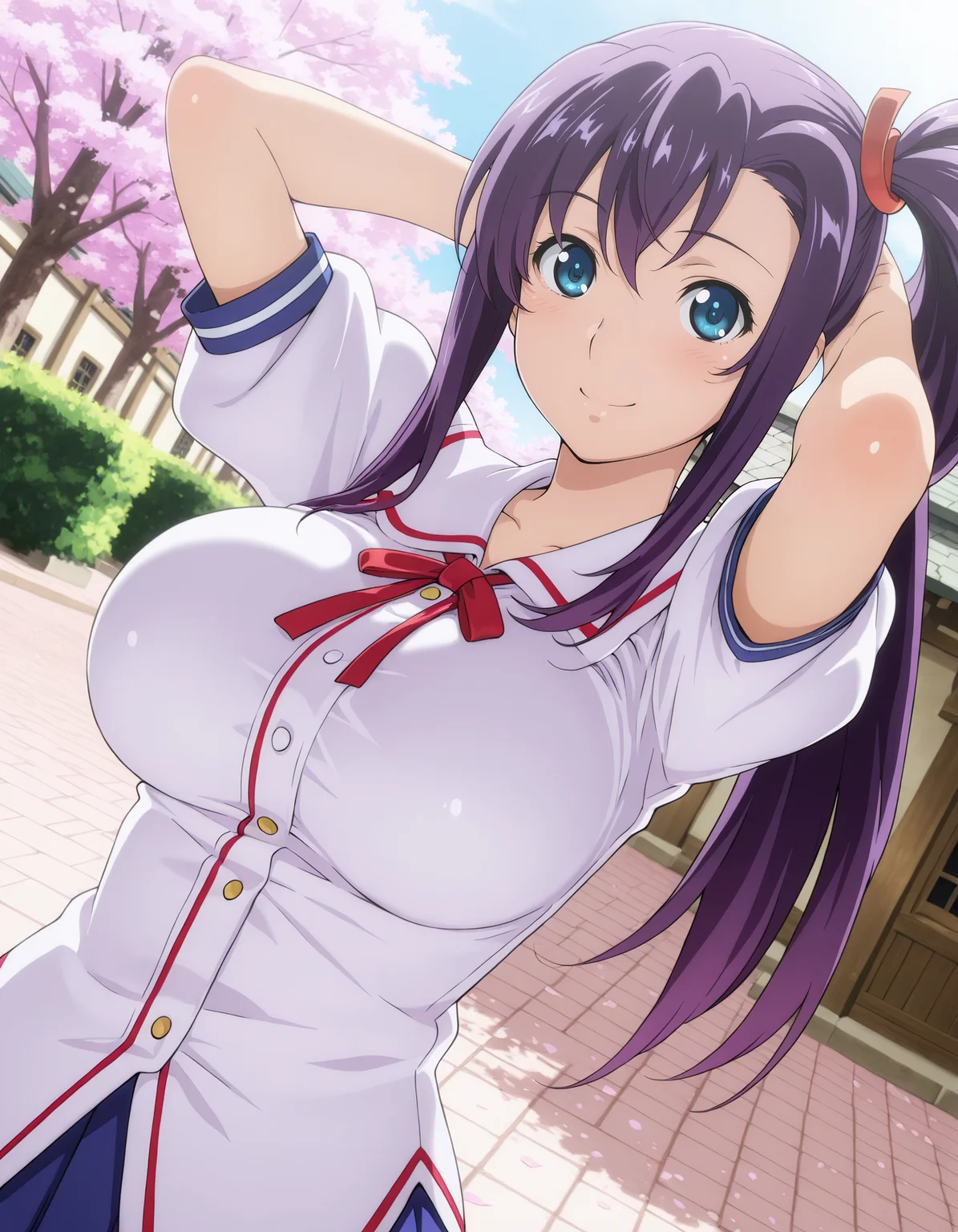 <lora:Haruko_Amaya_v01:1> harukoamaya, blue eyes, purple hair, side ponytail, large breasts,
dutch angle, depth of field, HDR, 8K.
masterpiece,best quality,amazing quality, highest score, solo, smile, Placing hands behind head, serene courtyard with cherry blossom trees in bloom,