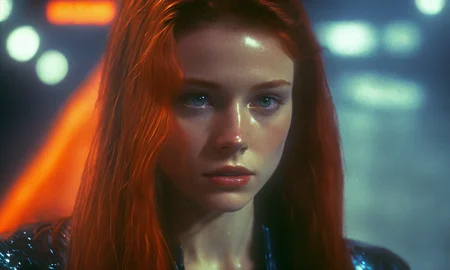 scene from 90's sci-fi movie, half body shot (35mm photo) of a 20 year old woman, redhead with wet long hair, glossy lips, looking forlorn and deep in thought, dressed in model dress, blade runner city mixed with Chicago, raining, film grain, (dutch angle)