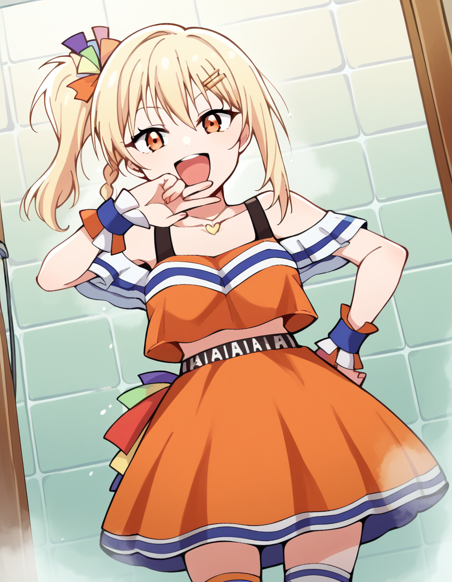 score_9, score_8_up, score_7_up, source_anime, <lora:ai-miyashita-saikou-heart-mv-ponyxl-lora-nochekaiser_r1:1>, ai miyashita, bangs, blonde hair, hair ornament, orange eyes, braid, sidelocks, medium hair, side ponytail, orange eyes, french braid,, skirt, thighhighs, jewelry, collarbone, necklace, off shoulder, tank top, wristband, cheerleader, pom pom (cheerleading), orange skirt, gyaru, heart necklace, shower, water, steam, shower head, tiles, smile, <lora:ojou-sama-pose-ponyxl-lora-nochekaiser:1>, ojou-sama pose, laughing, smug, hand to own mouth, open mouth,, looking at viewer, solo,, dutch angle, cowboy shot