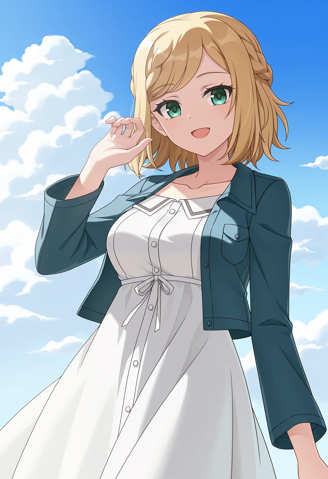 <lora:Fine Cavendish-000034:1>,
Fine Cavendish,solo,dress,smile,white dress,jacket,sky,braid,cloud,blue sky,open clothes,blue jacket,open jacket,looking at viewer,open mouth,:d,hand up,long sleeves,collarbone,day,breasts