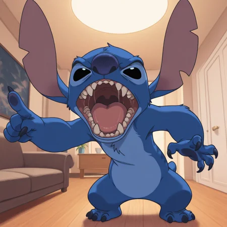masterpiece, best quality, amazing quality, official artstyle, st1tch, male, furry male, anthro, solo, blue fur, two-tone fur, short hair, black eyes, blue nose, large ears, sharp teeth, claws, small tail, paw pads, standing, angry, open mouth, pointing, indoors, living room