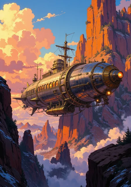 A breathtaking, futuristic Art Deco-style airship hovers gracefully, its sleek metallic hull adorned with elegant gold detailing. The ship’s elongated, streamlined form features intricate filigree, large observation windows, and gently glowing propulsion systems, exuding an air of luxury and sophistication. featuring grand arched windows, intricate golden railings, and mechanical gears seamlessly integrated into the design. It flies over colossal cliffs at sunset, rim lit, overlooking a landscape of towering rock pinnacles that rise dramatically into the sky. The towering rock pinnacles dominate the background, lit by golden sunset light, their immense, monolithic forms creating a sense of awe and wonder. Clouds are rim lit with hues of Orange and red. High detail, painterly textures, 8K resolution, atmospheric depth, concept art, mysterious and adventurous tone. DB4RZ, DB4RZ style painting, Anime art