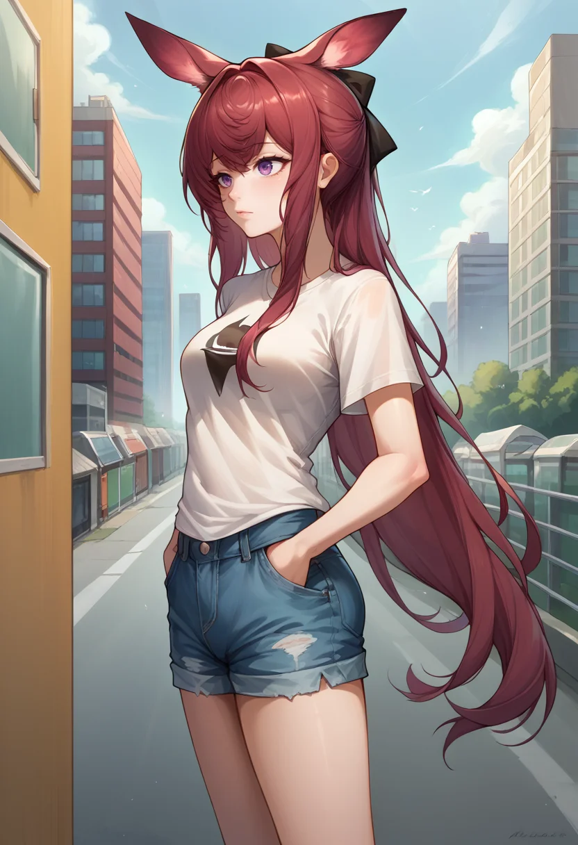 score_9, score_8_up, source_anime, 1girl, solo, RayArknights, animal ears, long hair, hair bow, t-shirt, denim shorts, standing, outdoors, city, hands in pockets, <lora:ChamRayArknightsPonyXL:1>