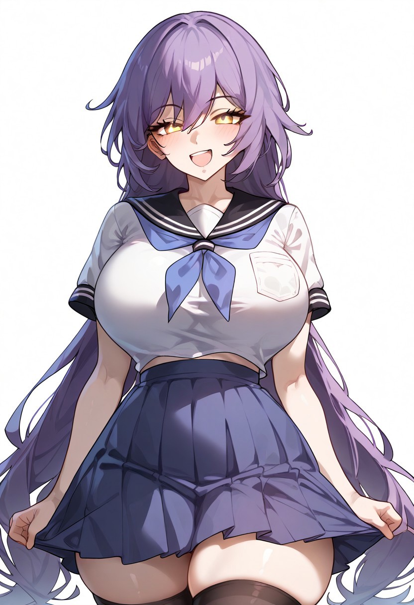 <lora:PONY-c»-Eboraart:0.7> ,score_9. score_8_up. score_7_up. score_6_up. score_5_up. score_4_up, source_anime, 1girl, solo, calm, smile, smirk, seductive, squinted eyes, blushing, open mouth, 1girl, very_massive breasts, wide hips, thin waist, thick thighs, sirin_(honkai), purple hair, long hair, bangs, yellow eyes, serafuku, blue neckerchief, white shirt, short sleeves, blue skirt, pleat skirt, black stockings, cowboy shot, white background, simple background, uncensored,<lora:add-detail-xl:1>,complex background,