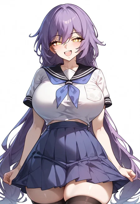<lora:PONY-c»-Eboraart:0.7> ,score_9. score_8_up. score_7_up. score_6_up. score_5_up. score_4_up, source_anime, 1girl, solo, calm, smile, smirk, seductive, squinted eyes, blushing, open mouth, 1girl, very_massive breasts, wide hips, thin waist, thick thighs, sirin_(honkai), purple hair, long hair, bangs, yellow eyes, serafuku, blue neckerchief, white shirt, short sleeves, blue skirt, pleat skirt, black stockings, cowboy shot, white background, simple background, uncensored,<lora:add-detail-xl:1>,complex background,