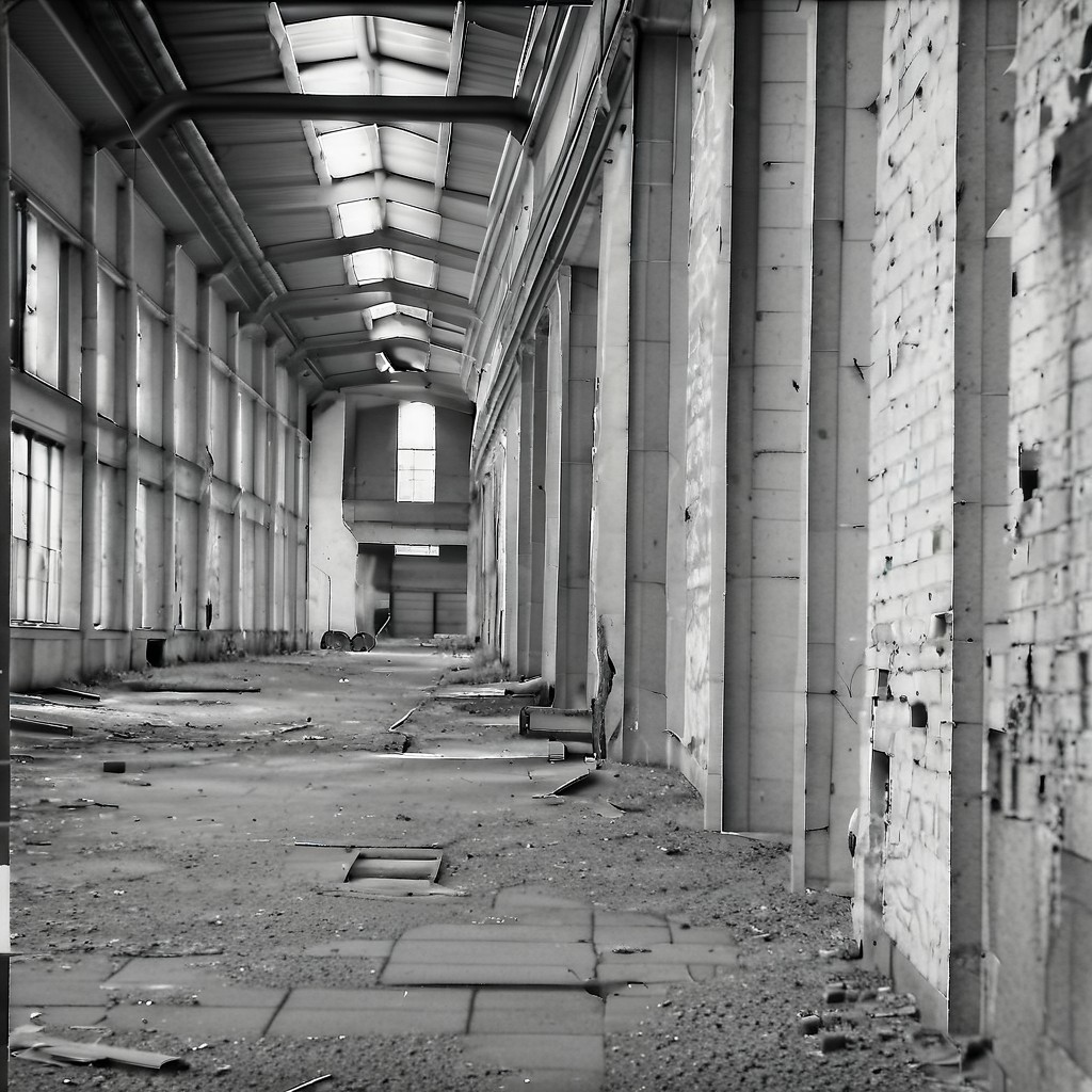 hasselblad monochrome, ein altes lostplace - alte fabrik - irgendwo in deutschland, innenansicht, gro﷿e halle