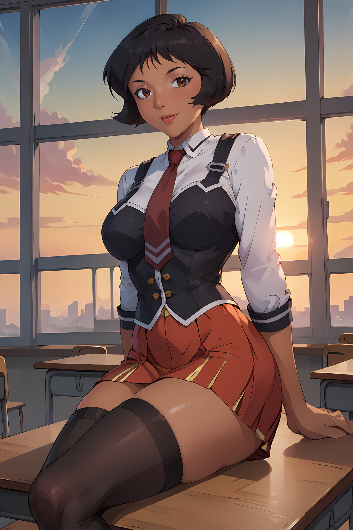 <lora:brj-alex-ponyXL-v0.5:1> alex \(totally spies\), short hair, black hair, brown eyes, dark skin,
large breasts, solo, school classroom,
sunset,yellow sky,
Sitting with one leg bent in and the other bent back,,
<lora:bible_black_uniform_xl_v3:0.8> school uniform, white shirt, black vest, black thighhighs, red skirt, red necktie