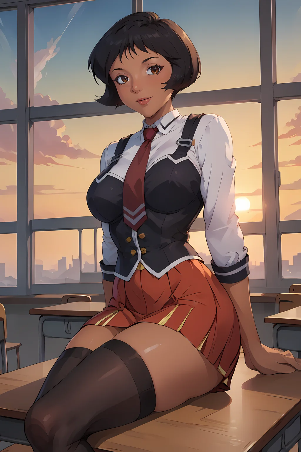 <lora:brj-alex-ponyXL-v0.5:1> alex \(totally spies\), short hair, black hair, brown eyes, dark skin,
large breasts, solo, school classroom,
sunset,yellow sky,
Sitting with one leg bent in and the other bent back,,
<lora:bible_black_uniform_xl_v3:0.8> school uniform, white shirt, black vest, black thighhighs, red skirt, red necktie