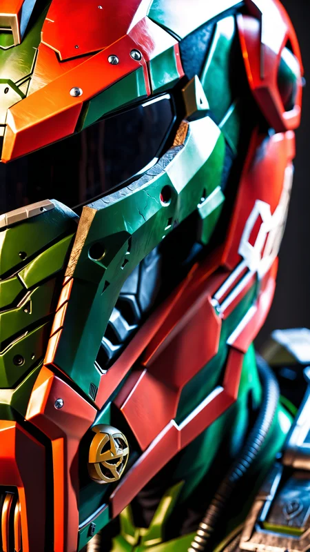 extreme close up on the helmet of the doom slayer, broken doom slayer helmet, photorealistic, doom slayer, doom eternal, raging face of the doom slayer