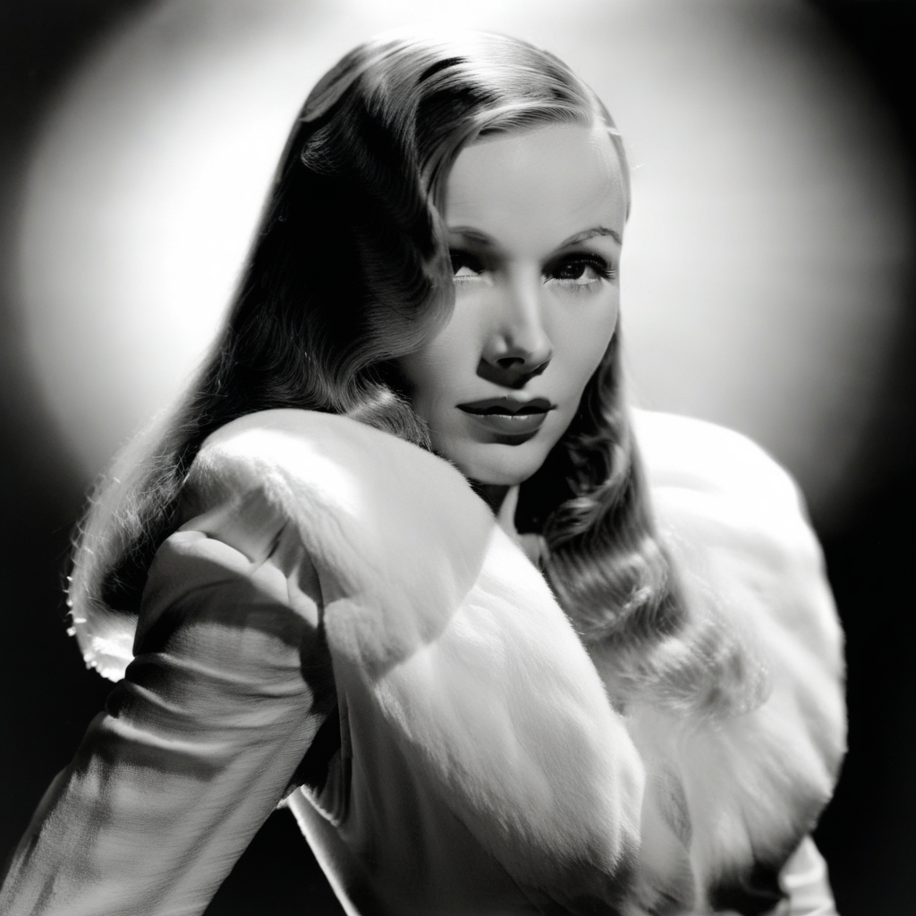 The image is a black and white portrait photograph of Hollywood actress Veronica Lake from the 1940s. She has long, complementing the airy, dramatic expression on her face. Her features are accentuated by the high contrast lighting and shadows.  She has short, with her head tilted back and eyes closed in a relaxed, feathery headpiece or accessory extends upwards from her head, adding a sense of luxury and opulence.  The lighting in the photograph is dramatic, white fur garment or stole draped over her shoulders, androgynous style characteristic of the early to mid-20th century era. She is wearing a crisp