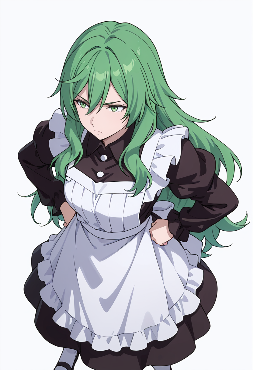 Smooth Quality,masterpiece,very intricate, high quality details, ultra realistic, high detailed skin,detailed enviorement,absurdres,
simple background, white background,solo,
standing, hands on hips, feet apart, determined, looking forward,  ,from above,traumatized,
 <lora:Misery_cnn:0.8> 1girl, green hair, green eyes, hair between eyes, frown, very long hair, sidelocks,dress, shirt,maid apron, puffy sleeves, long sleeves, juliet sleeves, enmaided,