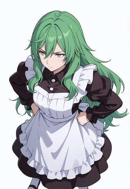 Smooth Quality,masterpiece,very intricate, high quality details, ultra realistic, high detailed skin,detailed enviorement,absurdres,
simple background, white background,solo,
standing, hands on hips, feet apart, determined, looking forward,  ,from above,traumatized,
 <lora:Misery_cnn:0.8> 1girl, green hair, green eyes, hair between eyes, frown, very long hair, sidelocks,dress, shirt,maid apron, puffy sleeves, long sleeves, juliet sleeves, enmaided,