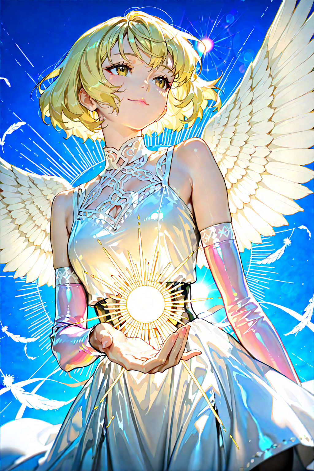 score_9, score_8_up, score_7_up, 1girl, cinematic angle, light smile, lips, shiny hair, detached sleeves, Angels, light rays, White Feathers, multicolored wings, sun, Depth of field, 4k wallpaper, atmospheric perspective, cinematic shadows, vibrant, chiaroscuro, lens flare, white dress, [(cloud background:1.2)::0.2], (blue sky background:1.2), masterpiece, best quality, amazing quality, very aesthetic, absurdres, highres, newest, intricate details, high contrast, brilliant skin, shiny skin, <lora:ponyv4_noob1_2_adamW:1.0> <lora:enhancerV4-pony:1> <lora:illustrious_noobai_epsilon_pred_1_best_quality_v1:1> <lora:illustrious_noobai_epsilon_pred_1_masterpieces_v1:1>