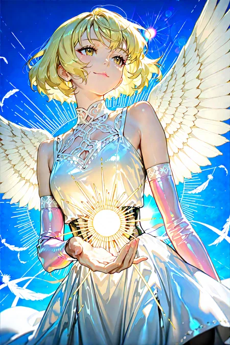 score_9, score_8_up, score_7_up, 1girl, cinematic angle, light smile, lips, shiny hair, detached sleeves, Angels, light rays, White Feathers, multicolored wings, sun, Depth of field, 4k wallpaper, atmospheric perspective, cinematic shadows, vibrant, chiaroscuro, lens flare, white dress, [(cloud background:1.2)::0.2], (blue sky background:1.2), masterpiece, best quality, amazing quality, very aesthetic, absurdres, highres, newest, intricate details, high contrast, brilliant skin, shiny skin, <lora:ponyv4_noob1_2_adamW:1.0> <lora:enhancerV4-pony:1> <lora:illustrious_noobai_epsilon_pred_1_best_quality_v1:1> <lora:illustrious_noobai_epsilon_pred_1_masterpieces_v1:1>