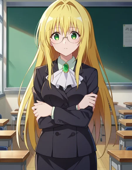 score_9, score_8_up, score_7_up, source_anime,
tearjulunatique, <lora:tearju-lunatique-ponyxl-lora-nochekaiser:1>,
tearju lunatique, long hair, blonde hair, green eyes, sidelocks, glasses,
shirt, collared shirt, white shirt, suit, formal suit, long sleeves, ascot, white ascot, gemstone, green gemstone, skirt, pencil skirt,
indoors, classroom, teaching, chalkboard,
looking at viewer, cowboy shot, dutch angle, dynamic pose,