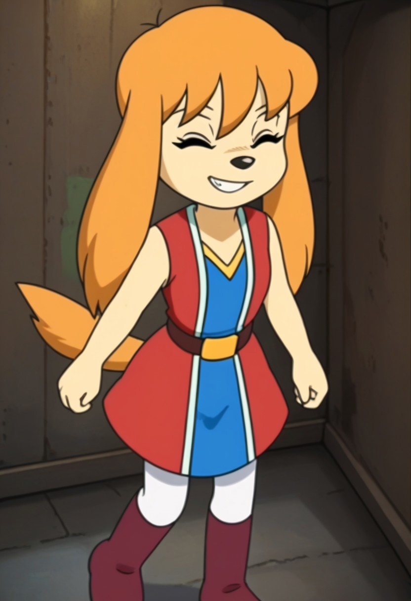 furry, 1girl, furry female, body fur, solo, dog, dog girl, looking at viewer, orange hair, long hair, bangs, black eyes, animal ears, dog ears, animal nose, sleeveless, dress, belt, tail, dog tail, boots, full body, grin, closed eyes, high quality