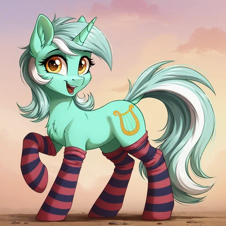 score_9, score_8_up, score_7_up, score_6_up, score_5_up, score_4_up, rating_safe, lyra heartstrings, female, mare, pony, solo, unicorn, chest fluff, clothes, cute, high res, horn, open mouth, raised hoof, socks, tail, lyrabetes, striped socks, smiling, open smile, g4, detailed, beautiful, detailed background, <lora:Wholesome-MLP-v1.3b:1>