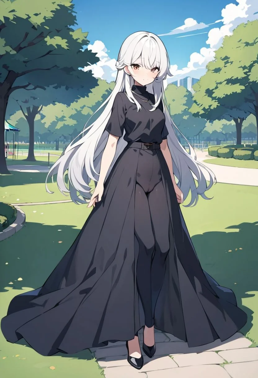 1girl, long hair, black hair, white hair, fullbody, multi hair color, long dress, negative_hand, Cameltoe, sunny day, park, lake
