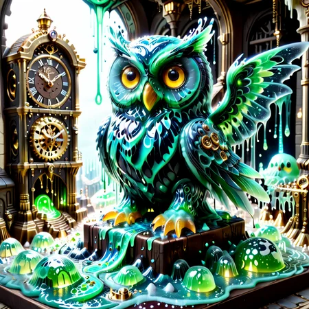 embedding:lazympos a slime-morphed owl with glowing hollow eyes, perched on a clocktower melting into goo, gears suspended in translucent slime, glowing numerals dripping downward, sl1m3d, slime-morph, steampunk elements <lora:Slime_Morph_V4:1.0000000000000002> <lora:TrendCraft_The_Peoples_Style_Detailer-v2.1A-3_12_2025-SDXL:0.20000000000000004>