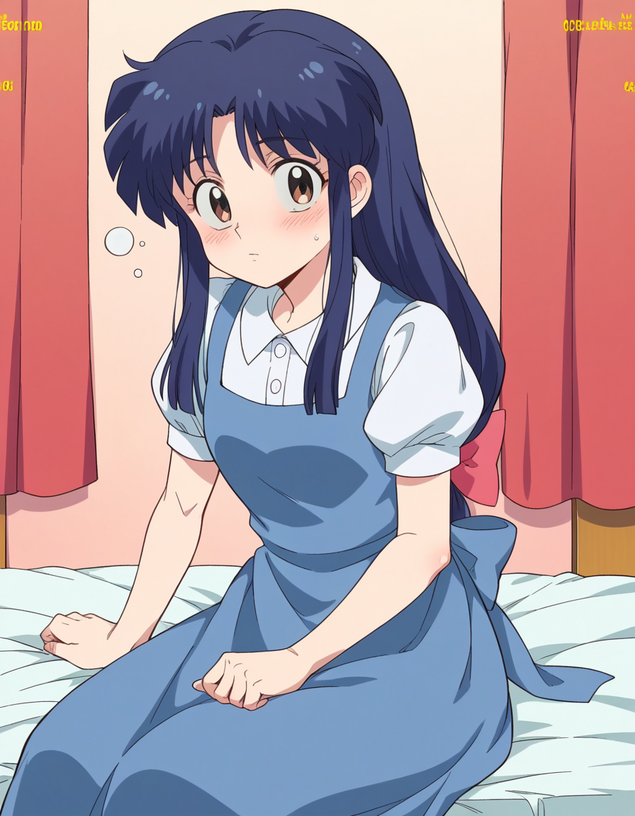 score_9, score_8_up, score_7_up, source_anime, <lora:akane-tendou-leak-ponyxl-lora-nochekaiser:1>, akane tendo, long hair, black hair, brown eyes, blue hair, sidelocks,, school uniform, pinafore dress, short sleeves, collared shirt, puffy sleeves, blue dress,, indoors, bed, bed room, on side, blush, drunk, looking at viewer, solo,, cowboy shot, dutch angle