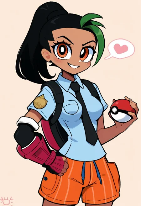 score_9, score_8_up, score_8, medium breasts, (curvy), cute, eyelashes, Nemona \(Pokemon\), black hair, green hair, orange eyes, dark skin, multicolored hair, two-tone hair, hair pulled back, collared shirt, fingerless gloves, orange shorts, backpack, smile, looking at viewer, (holding pokeball), powerpuff,
</A woman animatedly speaks, and a distinct speech bubble emanates from her, containing the words  HI THERE!  crafted as if each letter were a piece of modern art, clearly legible./>,