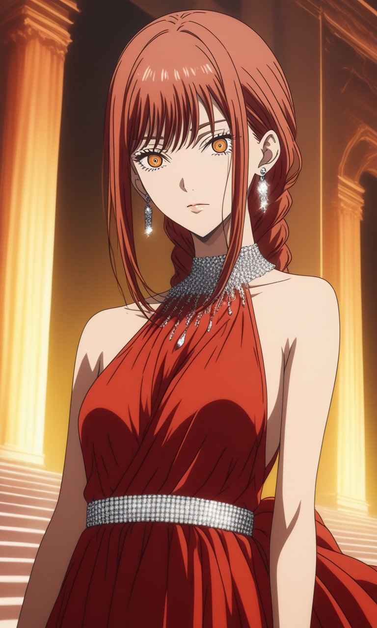 1girl, Makima  from Chainsaw Man,BREAK source_anime, best quality , red dress,  jewelry,  earrings, evening dress,  <lora:Red_dress:1>