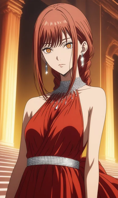 1girl, Makima from Chainsaw Man,BREAK source_anime, best quality , red dress, jewelry, earrings, evening dress, <lora:Red_dress:1>
