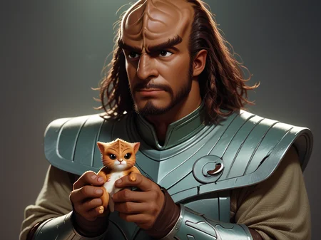 holding a cute kitten <lora:Klingon_v2_pony:1> score_9,score_8_up,score_7_up,score_6_up,score_5_up,score_4_up , 1man, kling0n alien, large forehead ridges, brown skin, large eyebrows, wearing warrior armor,