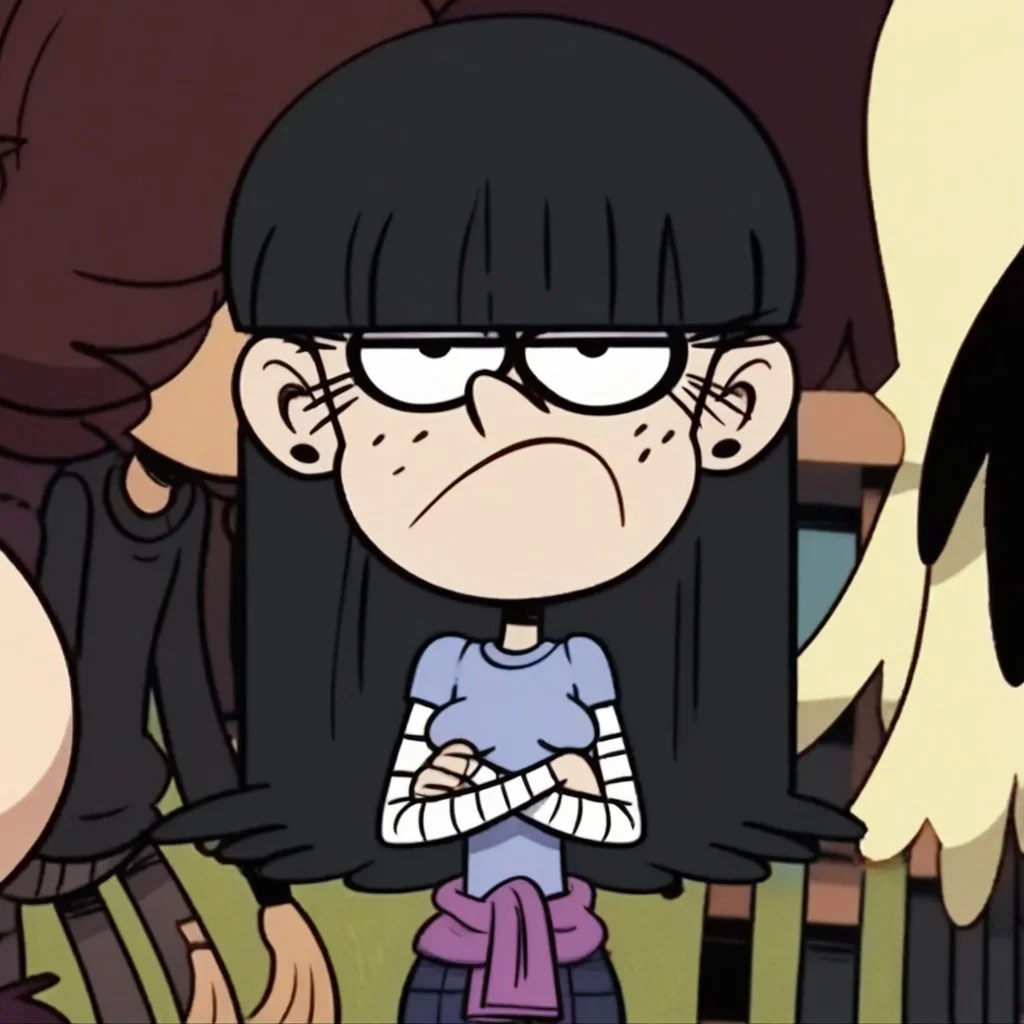 score_9, score_8_up, score_7_up, 1girl, Maggie, black hair, long hair, blunt bangs, black eyes, freckles, eyeliner, earrings, small breasts, narrow waist, wide hips, looking at viewer, crossed arms, angry, highres, high quality, thick thighs, wide hips, curvy, large breasts, saggy breasts, thicc, masterpiece, <lora:Maggie:0.8>