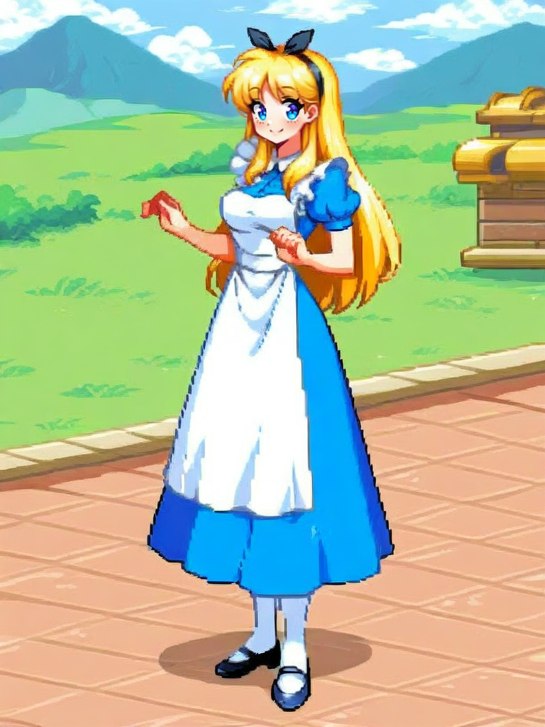 highres, hi res, best quality, masterpiece, intricate details, absurdres, 4k, 
1girl,  sky, clouds, magic particles, cute pose, medium breasts, surprised, smile, looking at viewer, cute, detailed landscape,
<lora:AliceinWonderlandXLIllustrous_character:0.65>, AliceWaifu, blonde hair, blue eyes, white apron, blue dress, puffy sleeves, white pantyhose,  <lora:dnfstyle-IL:0.8> 1girl,solo,dnfstyle,pixel art,full body,,