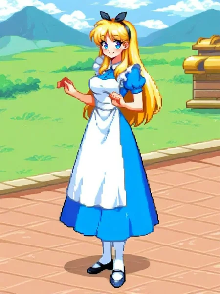 highres, hi res, best quality, masterpiece, intricate details, absurdres, 4k,
1girl, sky, clouds, magic particles, cute pose, medium breasts, surprised, smile, looking at viewer, cute, detailed landscape,
<lora:AliceinWonderlandXLIllustrous_character:0.65>, AliceWaifu, blonde hair, blue eyes, white apron, blue dress, puffy sleeves, white pantyhose, <lora:dnfstyle-IL:0.8> 1girl,solo,dnfstyle,pixel art,full body,,