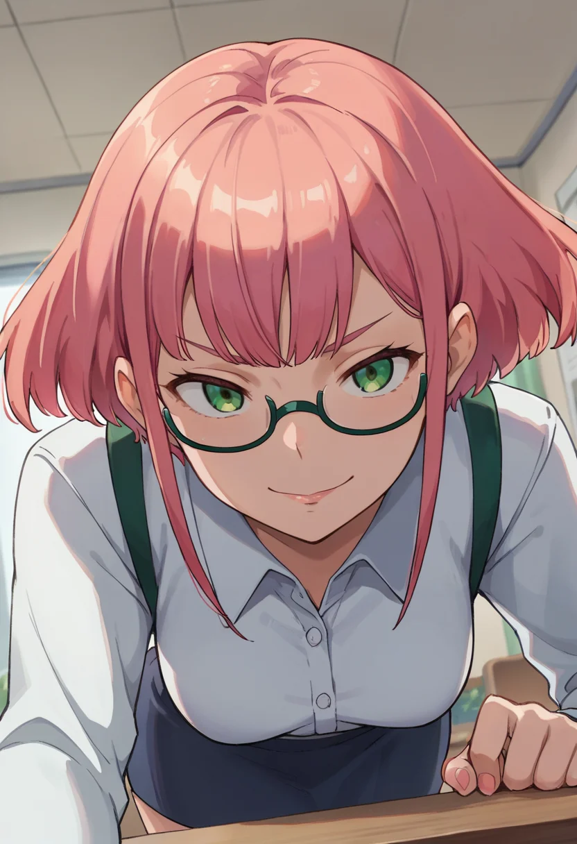 score_9,score_8_up,score_7_up,anime coloring,source_anime,<lora:Barara_Peor:0.8>,barara,1girl,solo,green eyes,short hair,pink hair,dress shirt,skirt,glasses,smug,leaning on desk,arm support,bent over,indoors,office,face focus,close-up,from below,