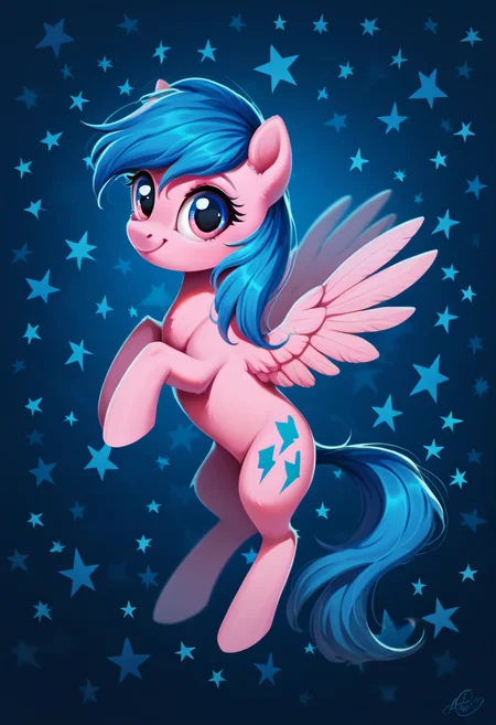 score_9, score_8_up, score_7_up, score_6_up, score_5_up, score_4_up, my little pony, ((feral pony)), 1girl, ((solo)), (sexy),beautifully detailed, (detailed cute pony face), ((detailed blue starry background:1.5)), ((woman)), high angle, (cute smile:1.0), ((up-close)) 1girl, ((solo)), (sexy), full body, <lora:G1__Firefly:1>G1 Firefly, pink body, hair and tail, A symbol in the form of a blue lightning bolt is depicted on the sides