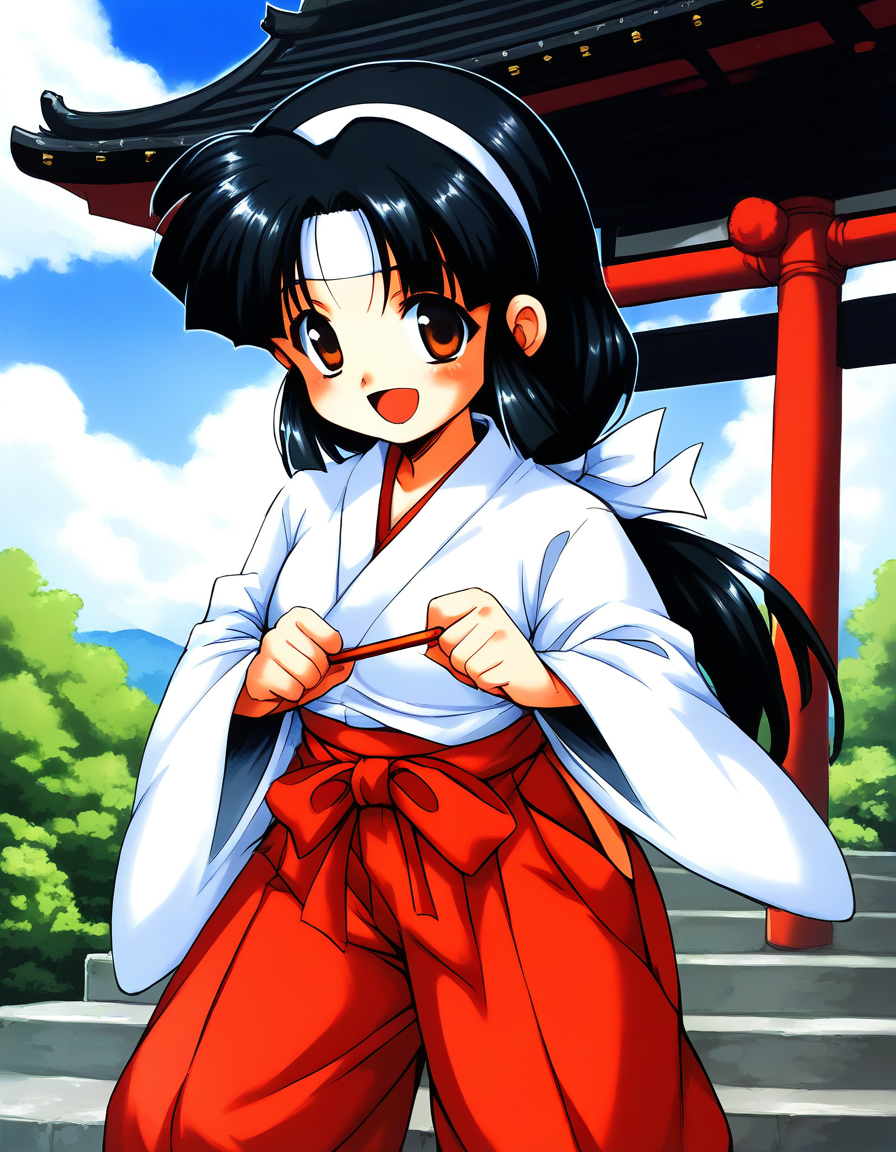 score_9, score_8_up, score_7_up, source_anime, rating_explicit, BREAK  <lora:Sayo-chan_TsukiyoSoushi_XL:0.9> Sayo-chan_TsukiyoSoushi, long hair, black hair, white headband, brown eyes, low-tied long hair, parted bangs, short stack,
japanese clothes, solo, ofuda, open mouth, red hakama, hakama,  wide sleeves, skirt, long sleeves, 
looking at viewer, smile,
scenery, outdoors, architecture, east asian architecture, sky