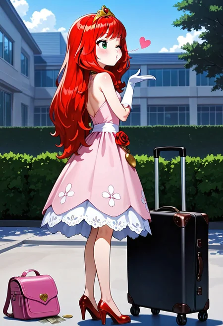 masterpiece, best quality, very aesthetic, absurdres,
solo, 1girl, Young Daphne, outside, park, Red hair, green eyes, very long hair, red high heels, blowing kiss, wink, heart, happy, puckered lips, white opera gloves, pink ball gown dress, golden princess tiara, bare shoulders, golden chain necklace, heart-shaped necklace ornament, green star-shaped gem on tiara, skirt, school campus, school building outskirts, wealthy, purple purse, pink roller backpack with wheels, rich girl, black suitcase, open suitcase, suitcase full of money, coins, paper money, chests full of money, treasure chests, cash, rose bush, red roses, back cutout, butterflies, white doves