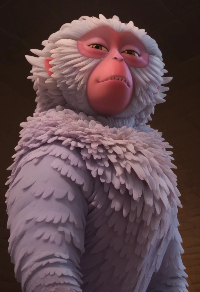 1girl, furry, female japanese macaque, ape, primate girl, anthro, white fur, dark pink skin, pink ears, brown eyes, grey hands, grey feet, Expressiveh, realistic, 3d, score_8_up, score_7_up, BREAK, 1girl, solo, looking at viewer, cute, from below, hands on hips, head tilt, female focus, looking at viewer, detailed background, 4k, masterpiece, best quality, highly detailed, realistic, low-angle shot, smug, smiling