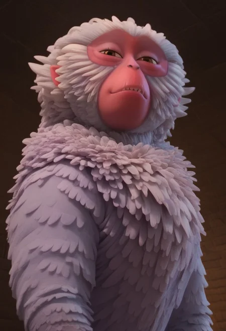 1girl, furry, female japanese macaque, ape, primate girl, anthro, white fur, dark pink skin, pink ears, brown eyes, grey hands, grey feet, Expressiveh, realistic, 3d, score_8_up, score_7_up, BREAK, 1girl, solo, looking at viewer, cute, from below, hands on hips, head tilt, female focus, looking at viewer, detailed background, 4k, masterpiece, best quality, highly detailed, realistic, low-angle shot, smug, smiling