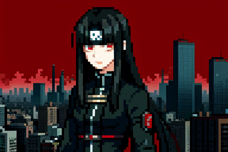 highly insanely detailed, masterpiece, top quality, best quality, highres, 4k, 8k, RAW photo, (very aesthetic, beautiful and aesthetic),  
beth_\(megami_tensei\),bethsmtii,shin megami tensei ii,long hair,black hair,straight hair,sleek black,jewelry,cross,headband,red_lipstick,Tokyo_Millennium,post-apocalyptic_city,dystopian_world,Great_Cataclysm,World_ending_event,apocalyptic_disaster,city_rebirt, 
<lora:zs_Beth:0>, 
(1girl:1.3), 1other, 
Village,deep crimson background,âââ