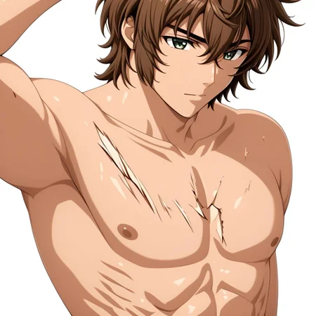 ASCIImedium shot, sagittarius_aiolos, 1man, slim lean body, adult male, torn damaged white shirt, detailed glossy green big eyes, brown hair, detailed torso, in front of a (plain white background: 1.3), masterpiece, best quality, ultra high res, intricate detail, clamshell warm lighting,