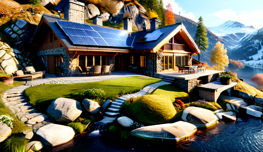 ultra-realistic image with high resolution and stable focus correct and accurate anatomy, correct and accurate objects, perfect detail, in the architectural style of a family house built of stone and wood merging with nature, designed for ecological neutrality of natural materials, in the mountains, forest ,garages,wide porch,outbuildings,table chairs,barbecue,fire pit,swimming pool,cut into the rocks,grass roof,steps,stone path,waterfall,lake,river,ultra realism,photo realism,single story,multi story,slope, wind generators, solar panels, sunset, (winter season), snow, frozen lake, close-up <lora:MJ52_v2.0:1> <lora:xl_more_art-full_v1:1> <lora:houses_merging_with_the_natural_environment_r1:0.4>