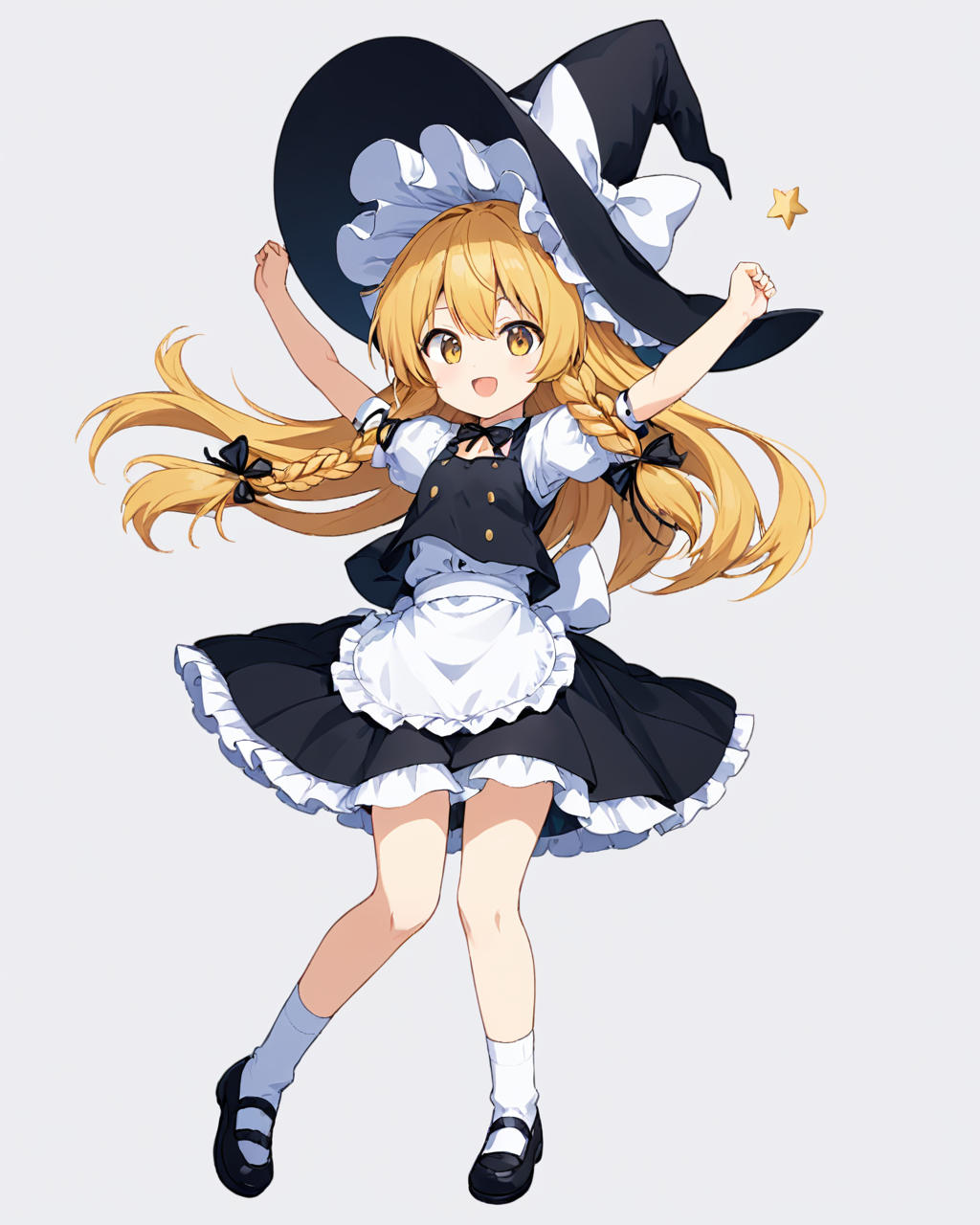 kirisame marisa,1girl, solo, witch_hat, white_background, open_mouth, black_footwear, simple_background, bloomers, shoes, arms_up, frills, full_body, wrist_cuffs, black_skirt, black_vest, puffy_short_sleeves, white_socks, waist_apron, single_braid, petticoat, black_headwear, black_ribbon, white_bow, dress, hair_bow, :d
<lora:kirisame_marisa_image6213_2023-12-11-000007:1>,star-shaped_pupils,symbol-shaped_pupils,. gorgeous,key visual, vibrant, studio anime,award-winning, professional, highly detailed,high budget, cinemascope