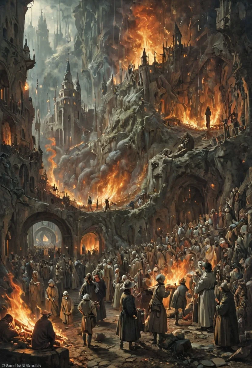 Group of Iranian men amidst.  in “The Garden of Earthly Delights” art Hieronymus Bosch. akin to the style of  Giovanni Battista Piranesi, with the proportional intricacy of Moebius. The scene is  a chaotic street protest in the town Alicante filled with tension and unrest, as flames from an explosion illuminate the night sky,  This artwork should convey the complexity and depth of the decline of technology and its influence on modern society. 8k resolution. Chiaroscuro Lighting Style, hud_m4x_4bstr4ct_styl, colorful, abstract,
