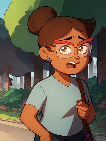 Camila, 1girl, solo, brown hair, glasses, earrings, shirt, jewelry, brown eyes, bag, shoulder bag, blue shirt, short sleeves, open mouth, tree, pants, hair bun, short hair, outdoors, over-rim eyewear <lora:CamilaPony1.0:1.0>, score_9, score_8_up, score_7_up, score_6_up, score_5_up, score_4_up, looking at viewer, zPDXL <hypernet:bad-hands-5:1>
