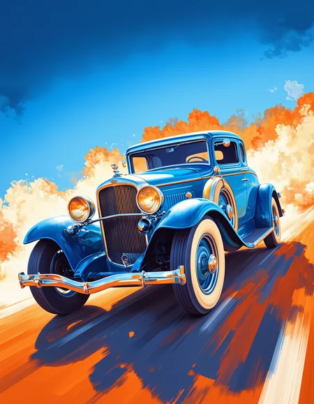 Vintage car speeding on a dynamic blue and orange background, digital art, classic automobile, vibrant colors, motion blur effect, chrome details, blue sky reflection, white wall tires, shiny bodywork, artistic brush strokes, dynamic composition, sense of speed, stylized illustration, bright highlights, contrasting shadows, vintage design, prominent grill, circular headlights, mid-century model, digital painting, color contrast,