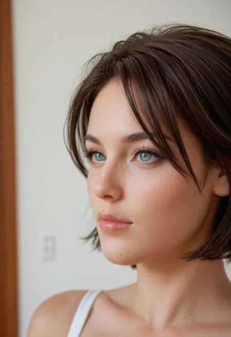score_9, score_8, score_7, score_6, highres, high-quality, 8k, 4k, raw, Olivia Jeffrey Benson, short hair, gray eyes, grey eyes, dark brown hair, facing left, looking left, portrait photo, portrait photography, right profile