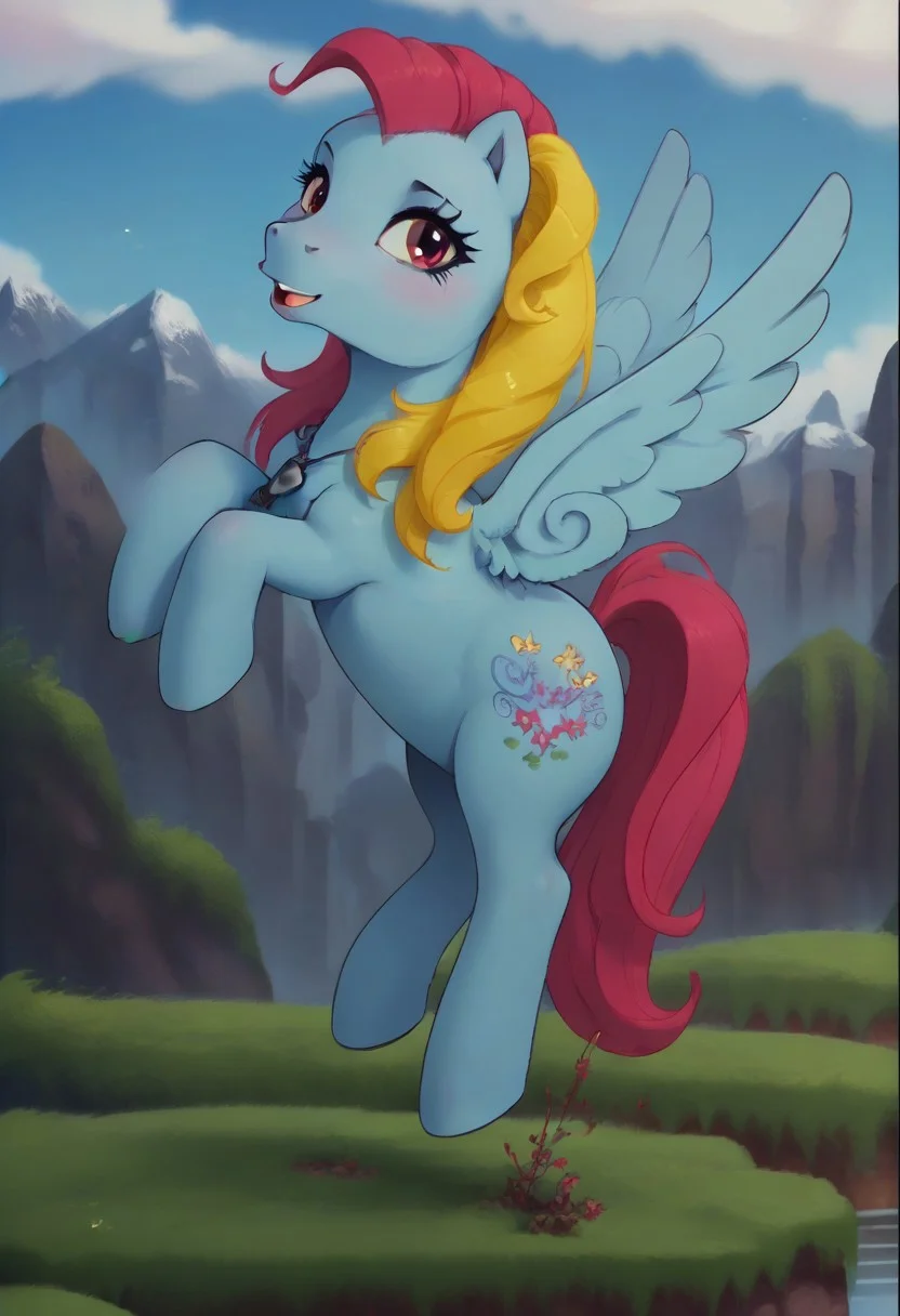 score_9, score_8_up, score_7_up, score_6_up, score_5_up, score_4_up, detailed background
outdoors, mountain
Thistle Whistle mlp, feral, pegasus, multicolored hair, flying in air, spread wings, slim, seductive, break.
looking at viewer, 3/4 side view
