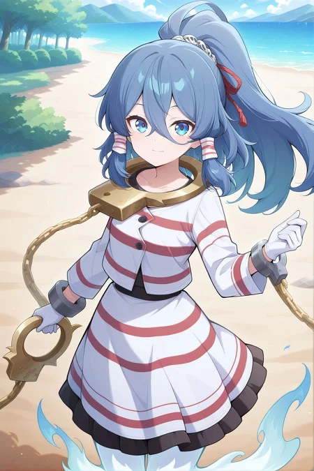 absurdres, highres, masterpiece, best quality, amazing quality, official anime artwork, screencap, anime screencap, outdoors, looking at viewer, light smile, dynamic pose, standing,
<lora:Mizuchi-Miyadeguchi_Illustrious:1> miyadeguchi mizuchi, 1girl, solo, blue eyes, blue hair, long hair, hair tubes, ponytail, ghost tail,, skull hair ornament, white gloves, white shirt, long sleeves, striped shirt, striped skirt, chain, cuffs, shackles, gold handcuffs, sleeve ribbon,