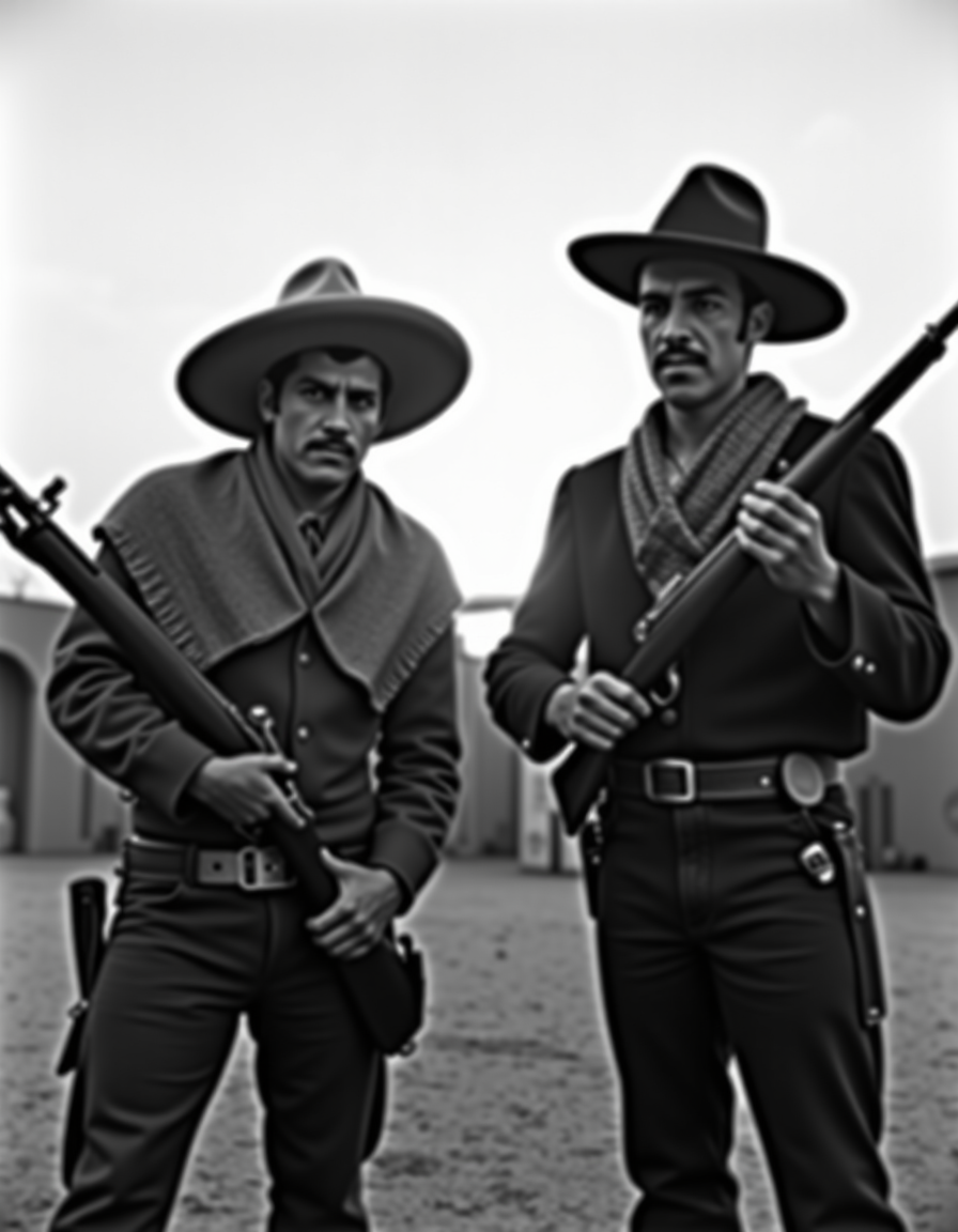 <lora:Mexican Noir Style-flux:1> mxnoirsty, black and white, dark,   Duel at Dawn â Mexican Revolution Showdown (Captured with a Vintage Leica IIIC, Soft Morning Fog for Atmosphere)
Two revolutionaries, their sarapes draped over their shoulders, stand in a dusty town square as the first light of dawn spills over the rooftops. One adjusts his wide-brimmed sombrero, his leather gun belt tight across his chest, his pistol glinting in the dim light. The other, a former friend turned enemy, grips his rifle, his expression hard as stone. The quiet is heavy, only disturbed by the distant braying of a mule. Shot on a vintage Leica with a soft focus on the morning fog rolling in, the scene captures the inevitable tragedy of a brotherhood torn apart by war.